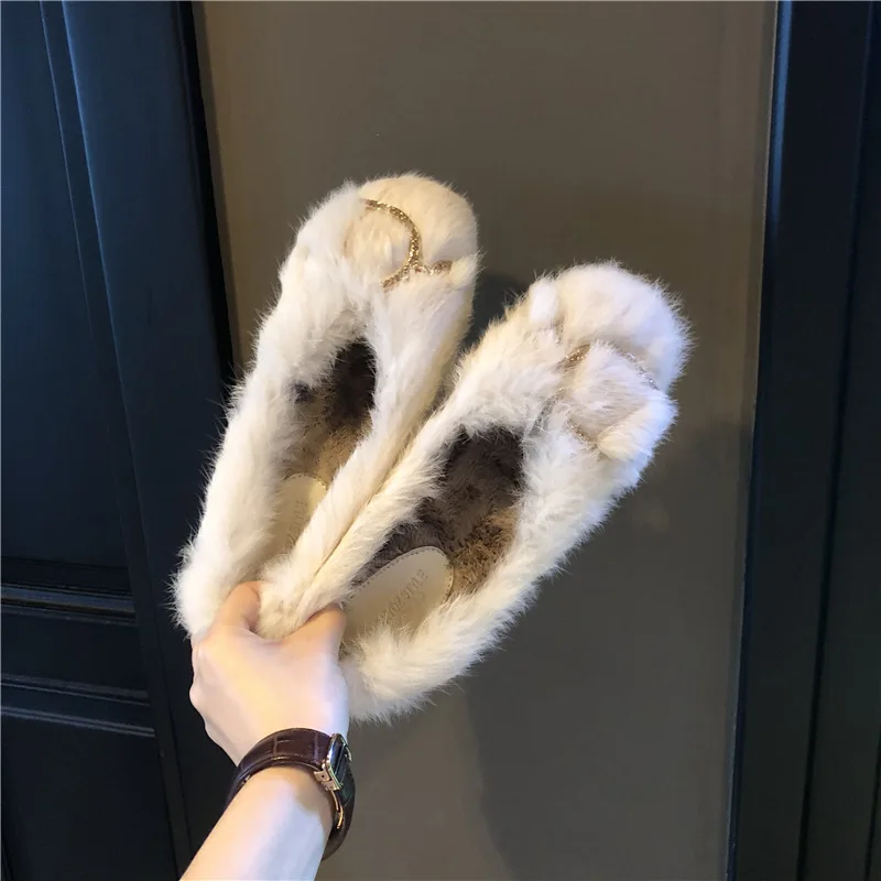 

Spring Winter Flats Women Casual Shoes Rabbit Fur Slip On Daily Loafers Female Real Fur Cozy Ballet Flats Brand Shoes Designer
