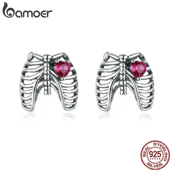 

bamoer Sterling Silver Earrings for Women Punk Rib with Red Heart Stud Ear Pins Hypoallergenic Silver Jewelry for Kids GXE970