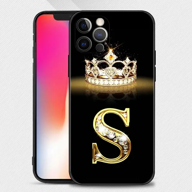 Case For iPhone 11 13 12 Pro Max XS XR X 8 7 6s 6 Plus 7 8 5 5S Soft Cover Fundas Silicone Capa Shell Diamond Crown Letter B12