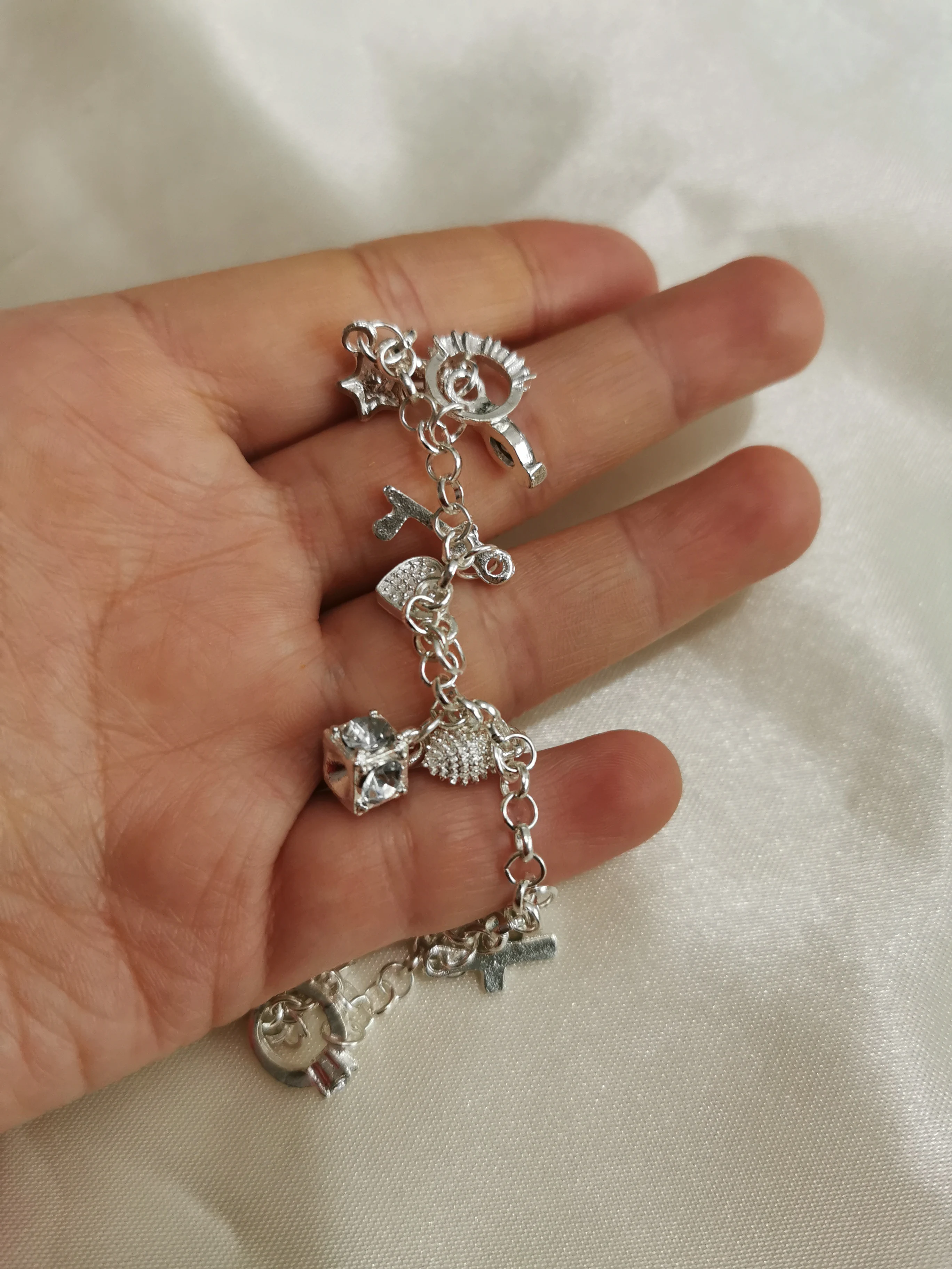 Silver Color Plated Bracelet Moon Heart Lock Cross Charm Bracelet 13 Pendants Bracelet Jewelry