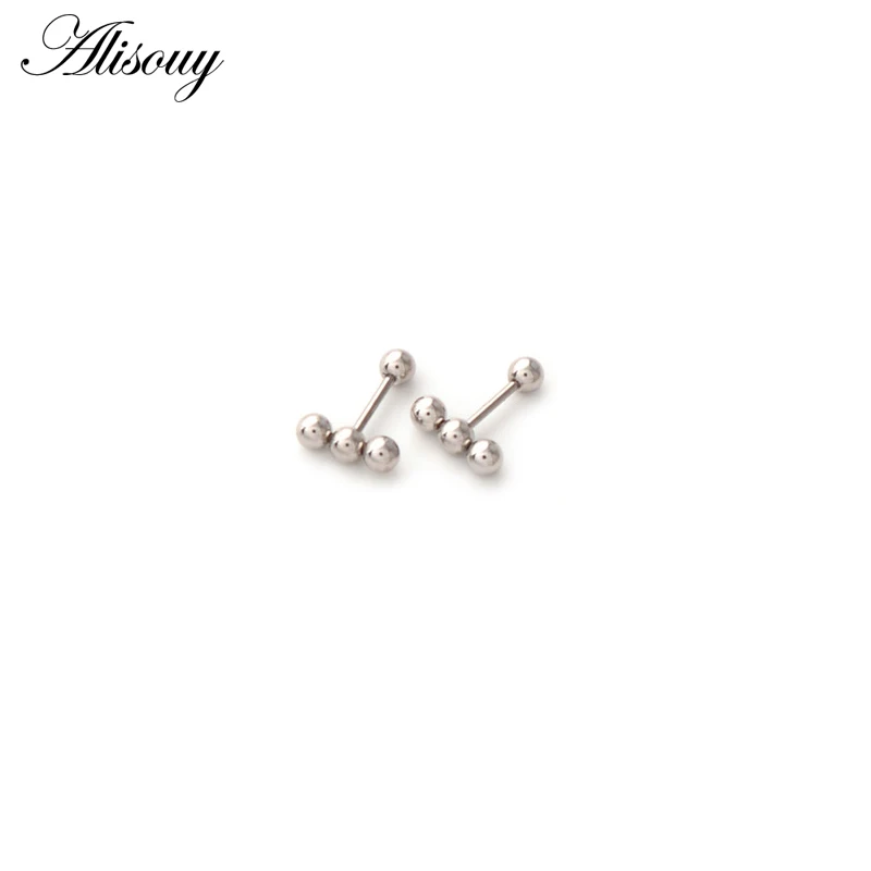 Alisouy 2pc Fashion Simple Multi Small Balls T bar Stud Earrings for Women Punk Stainless Steel Black/Gold/Silver color Ear Stud