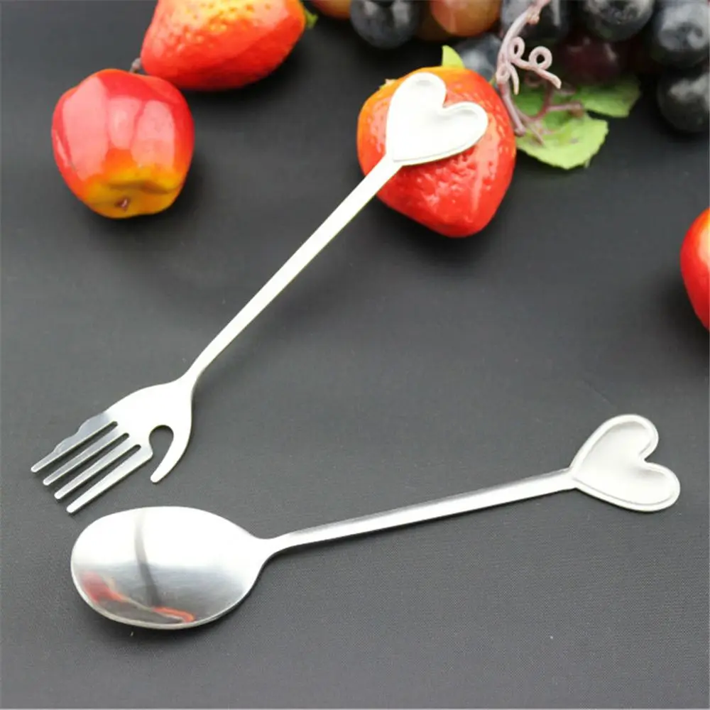 

2PCS Love Heart Stainless Steel Spoon Fork Set For Fruits Soup Rice Wedding Favor Party Gift Silver Color Home Kitchen Tableware