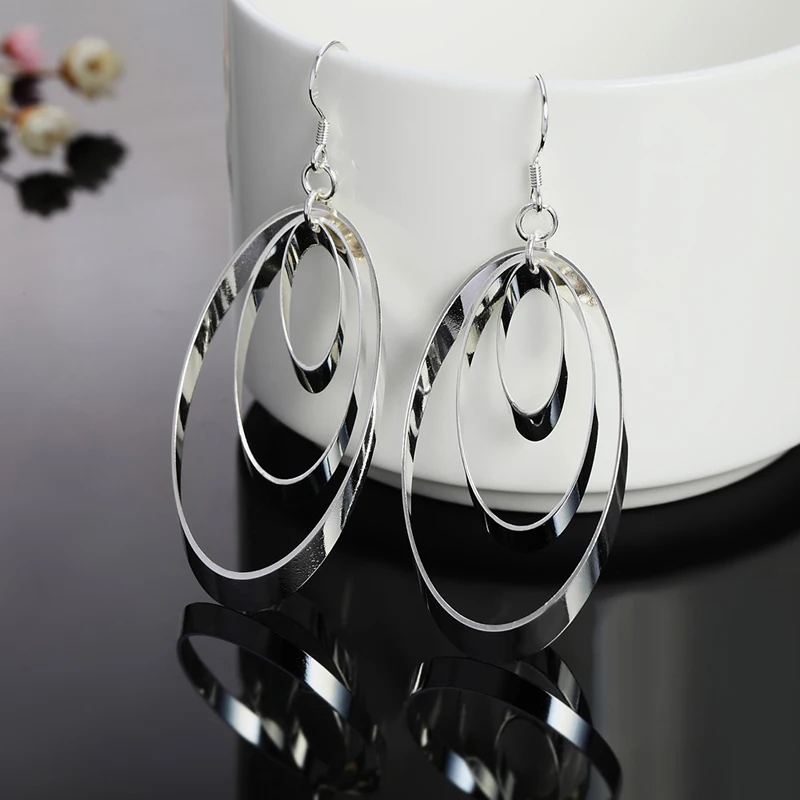 925 Silver Three Circle Drop Earrings For Women Wedding Fashion Jewelry