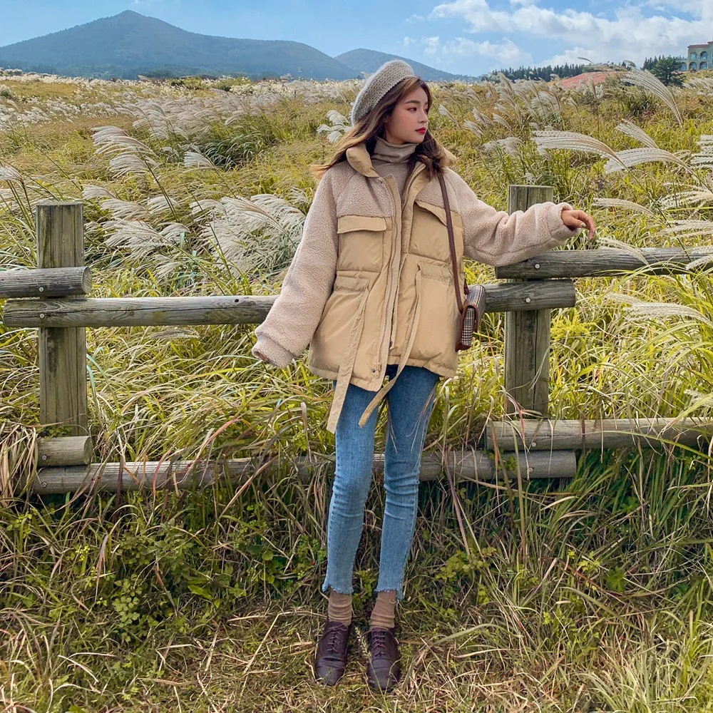 

Photo Shoot Lambs Wool Joint Cotton Overcoat 2019 Winter New Style Retro CHIC-Style Stand Collar down Cotton Cotton Coat Women's