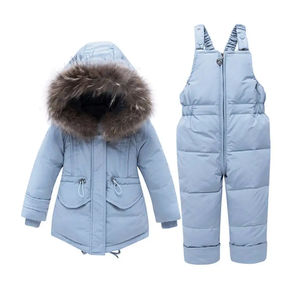 Зимняя куртка Детский комбинезон для девочек; детский зимний комбинезон; парка для маленьких мальчиков и девочек пуховик+ комбинезон; комплект одежды для малышей - Цвет: Синий