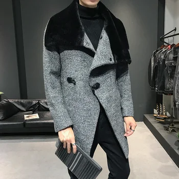 

2020 Male Solid Wool Blend Mid Long Jacket Winter Woolen Coat Men Fur Collar Warm Trench Coat Manteau Homme Overcoat Size M-3XL