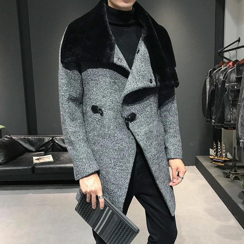2020 Male Solid Wool Blend Mid Long Jacket Winter Woolen Coat Men Fur Collar Warm Trench Coat Manteau Homme Overcoat Size M-3XL 2020 Male Solid Wool Blend Mid Long Jacket Winter Woolen Coat Men Fur Collar Warm Trench Coat Manteau Homme Overcoat Size M-3XL