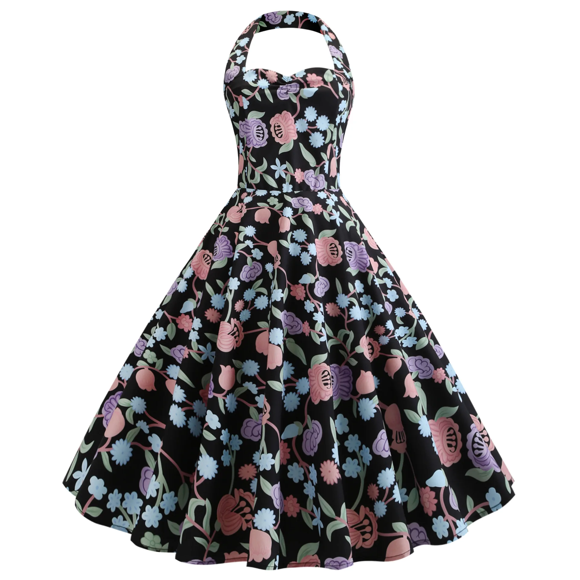 

2019 Spring And Summer New Style Sexy High-waisted Halter Dress Part Mid-length Dress Flower Printed