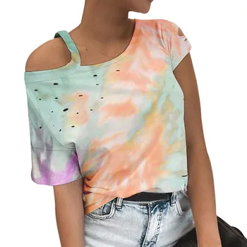 

Casual Women Gradient Color Print Tshirt Off Shoulder Short Sleeve Summer 2020 New Fashion Tie-dye T-Shirts Plus Size