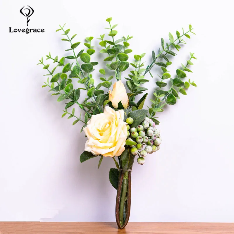 Lovegrace Свадебный букет невесты, искусственный шелк, роза, Калла, лилия, цветок эвкалипта, листья, ягоды, Декор, Свадебный букет невесты - Color: A-champagne