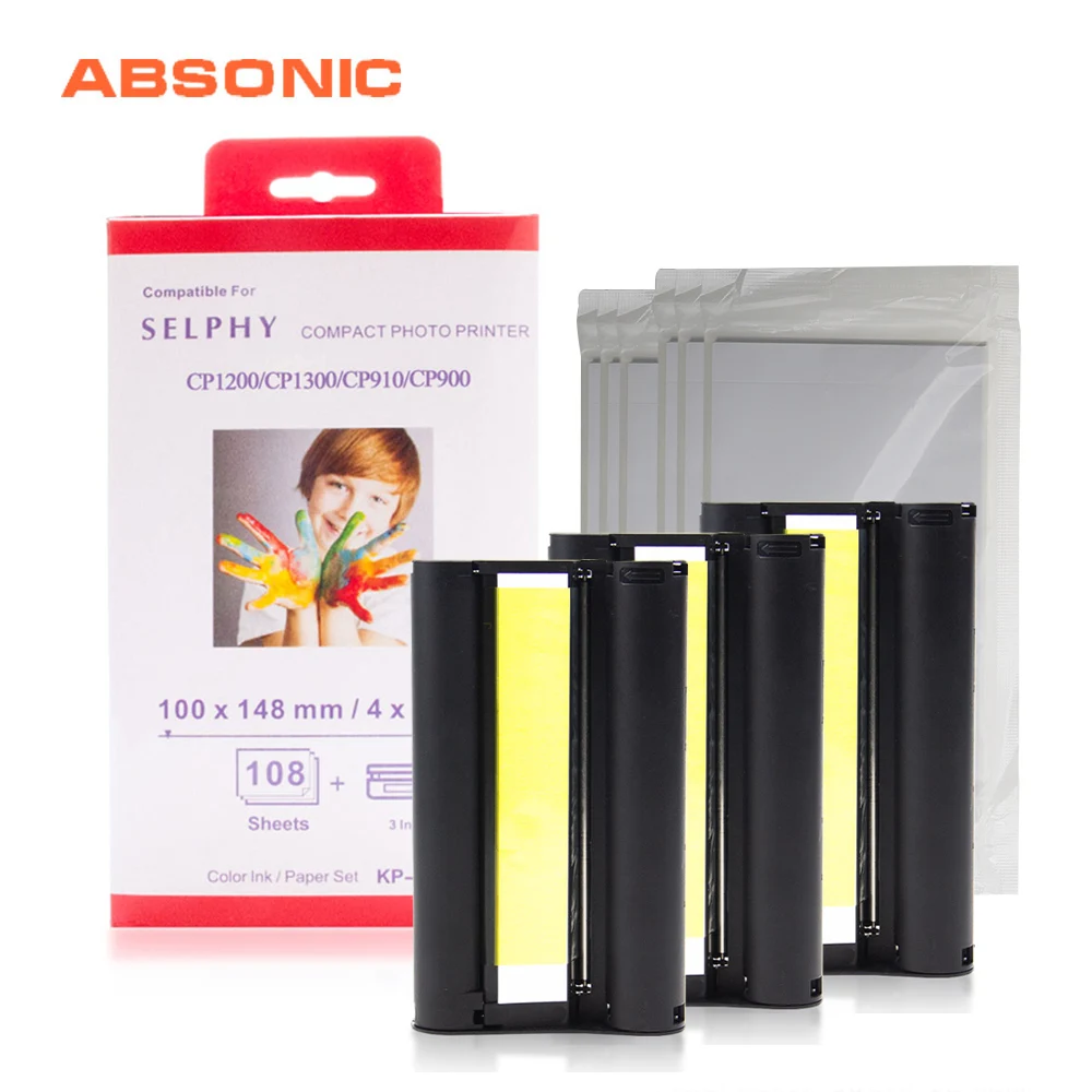 Skup 6 Cal pojemnik z tuszem CP1300 dla Canon Selphy drukarki CP1200 CP910 CP900 3 atrament Cartrdige + 108 arkusz papier fotograficzny KP 108IN KP 36IN