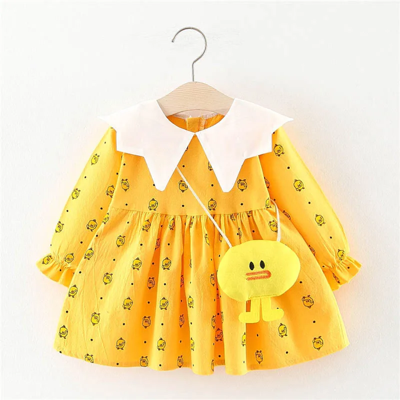 Платье для маленьких девочек; платья принцессы с принтом желтой утки из мультфильма; осеннее хлопковое праздничное платье с длинными рукавами для новорожденных девочек на день рождения - Цвет: Yellow