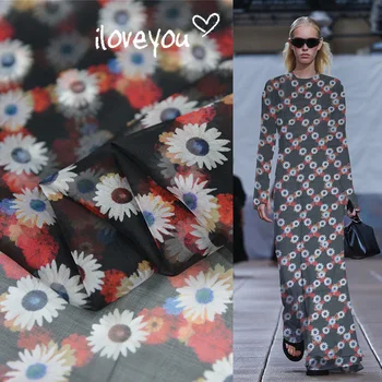 

Floral print on black pure silk chiffon silk fabric soft and transparent for scarf,SCF149