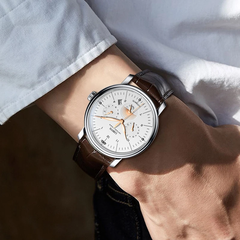 Luxury Brand Switzerland LOBINNI Seagull Automatic Mechanical Men's Watches Sapphire Leather Multi-function Waterproof L15008-2