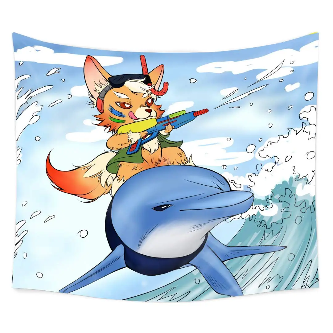 

A Fox Rides on a Dolphin Shoots Water Cartoon Funny Design Tapestry Home Decor