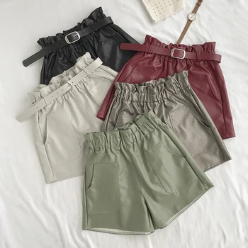 

PU Leather Shorts For Women High Waist Sashes Wide leg Shorts 2019 Spring Autumn Loose Elastic Waist Faux Leather Short feminino