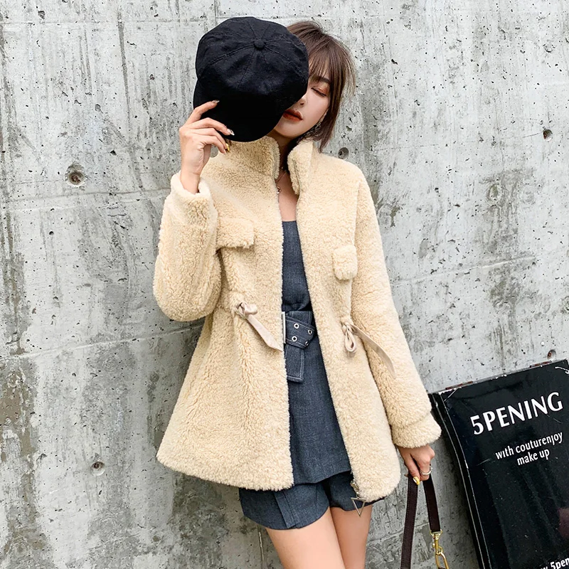 

women Granular cashmere wool coat loose zipper jacket 19 autumn and winter drawstring fur alpaca cashmere sheep shearing shirt