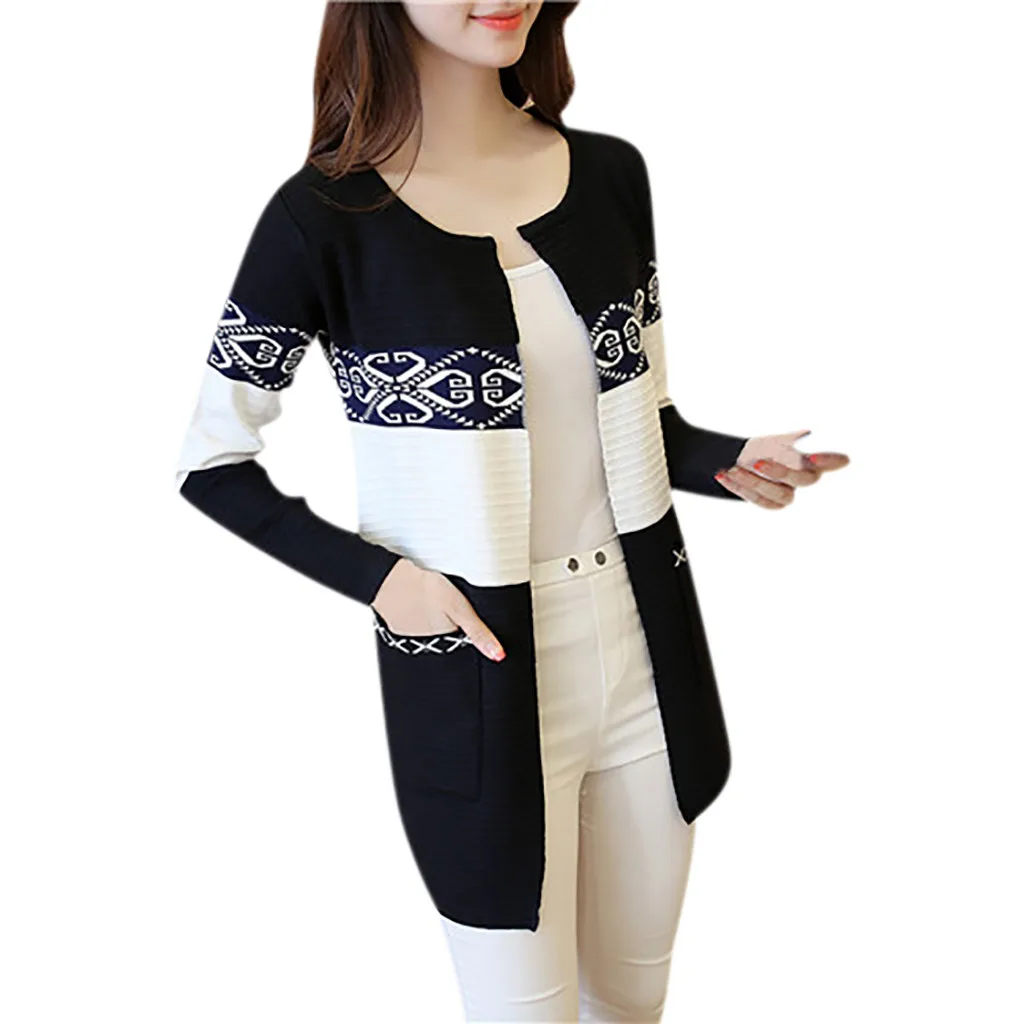 CHAMSGEND кардиганы Invierno Mujer, Длинные кардиганы, свитер, теплая верхняя одежда, пальто в полоску, женские свитера с длинным рукавом - Цвет: BK