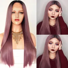 1 Черный Фиолетовый Омбре цвет парик с длинными прямыми волосами с естественным волосом Синтетические Кружева передние парики для женщин натуральные прямые волосы парик