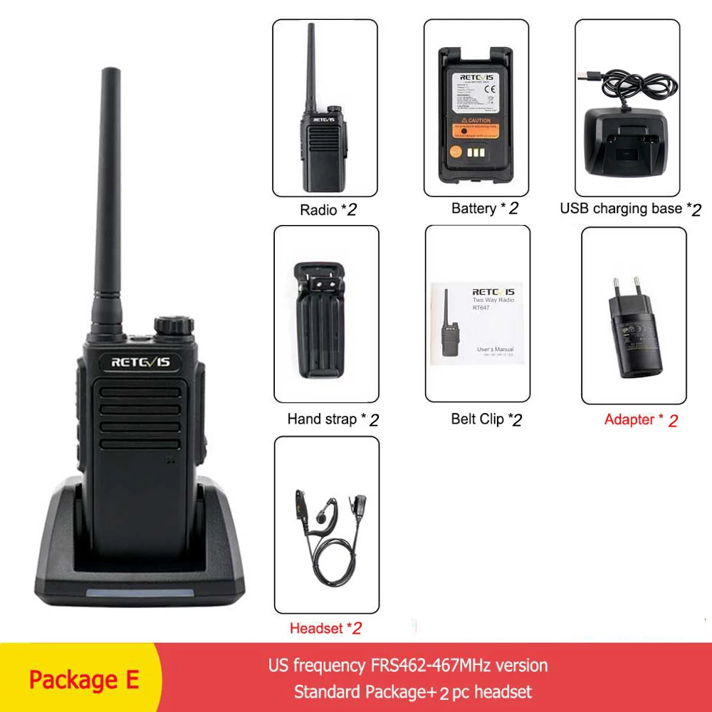2 шт. RETEVIS RT47/RT647 IP67 водонепроницаемая рация PMR радио PMR446 VOX 2 способ радио Comunicador трансивер для Baofeng UV-9R - Цвет: Package E