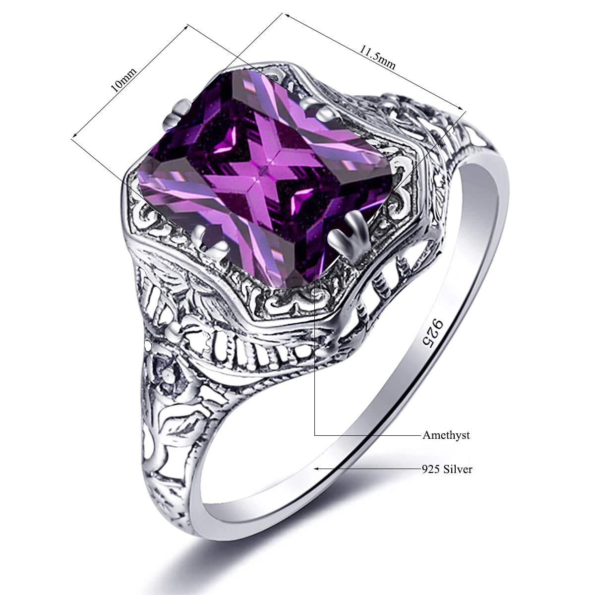 Szjinao High Quality Vintage Amethyst Ring Silver 925 100% Signet Pattern  Fine Jewelry For Women Wedding Party Anniversary Gift