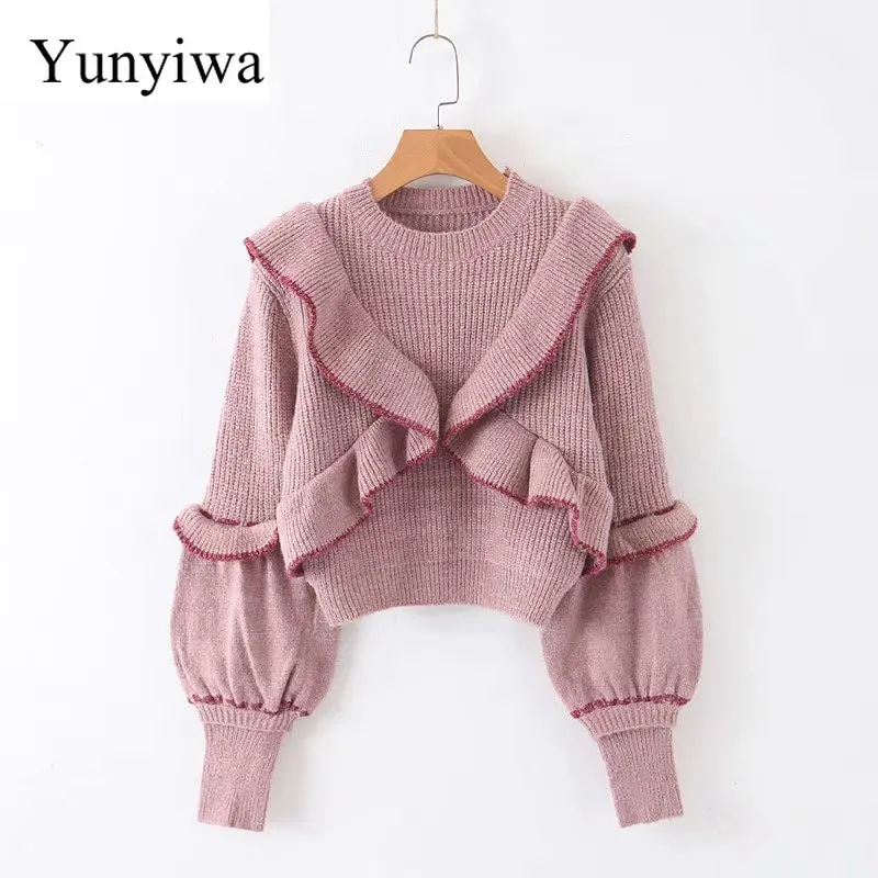 

2020 New Spring Women Sweet Ruffles Decorate Short Sweater Ladies Basic Knitted Pullovers Casual Slim Chic Sweaters Tops