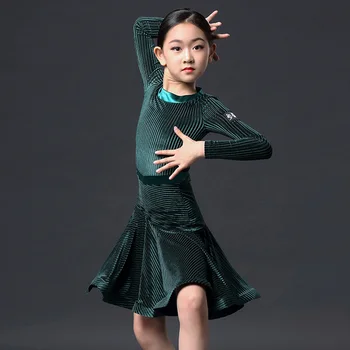 

Latin Dance Dress Children Dark Green Velvet Long Sleeves Rumba Cha Cha Samba Tango Dancing Competition Performance Wear DN4829