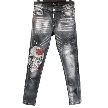 

Original skull German pp four season Jeans Popular embroidered leather label casual slim blue elastic pants mid waist