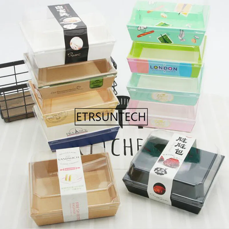 

500sets Sandwich Box Salad Dessert Hotdog Cake Packaging Boxes with Transparent Lids Kraft Cardboard Paper Gift Box