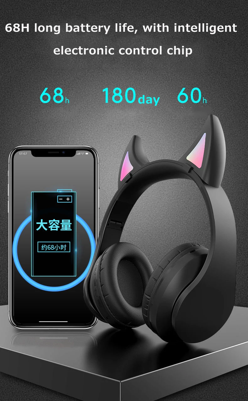 Bluetooth Headphones Glowing Cute LED Devil Ear Girls Gift Kids Headset Wireless HIFI Stereo Bass 3 5mm Plug With Mic