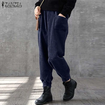 

ZANZEA Spring Vintage Harem Pants Women Elastic Waist Long Trousers Plus Size Corduroy Pants Casual Turnip Pantalon Robe Pants