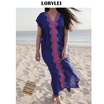 

2020 Blue Bohemian Embroidered V-Neck Short Sleeve Summer Beach Dress Plus Size Women Robe de plage Long Cotton Tunic pareo Q836