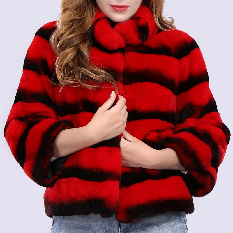 Элегантные женские зимние Настоящий мех кролика пальто теплое толстое пальто из натурального меха короткий стиль полосатый женский мех шиншиллы куртка - Цвет: red and black