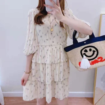 

Sweet floral print women dress puff sleeve chiffon cake mini dress 2020 spring summer new
