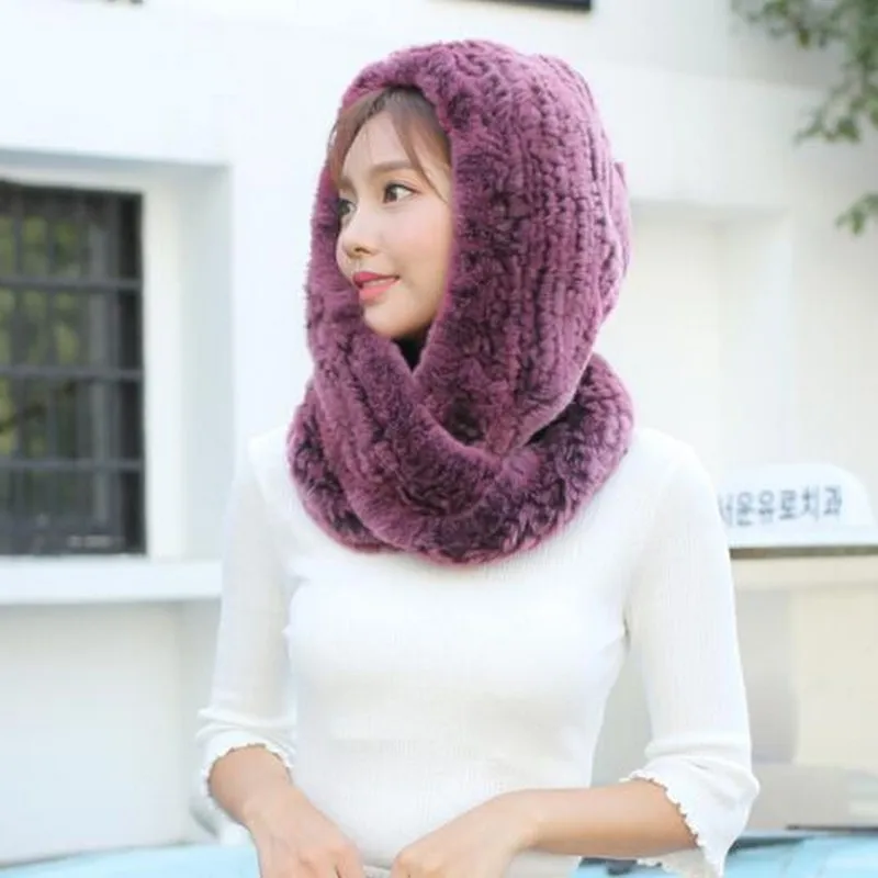 purple ST Glaforny Женская настоящая вязаная шапка из меха кролика Рекс шарф с капюшоном Длинная зимняя теплая меховая шапка с шейным воротником шарфы - Цвет: purple ST