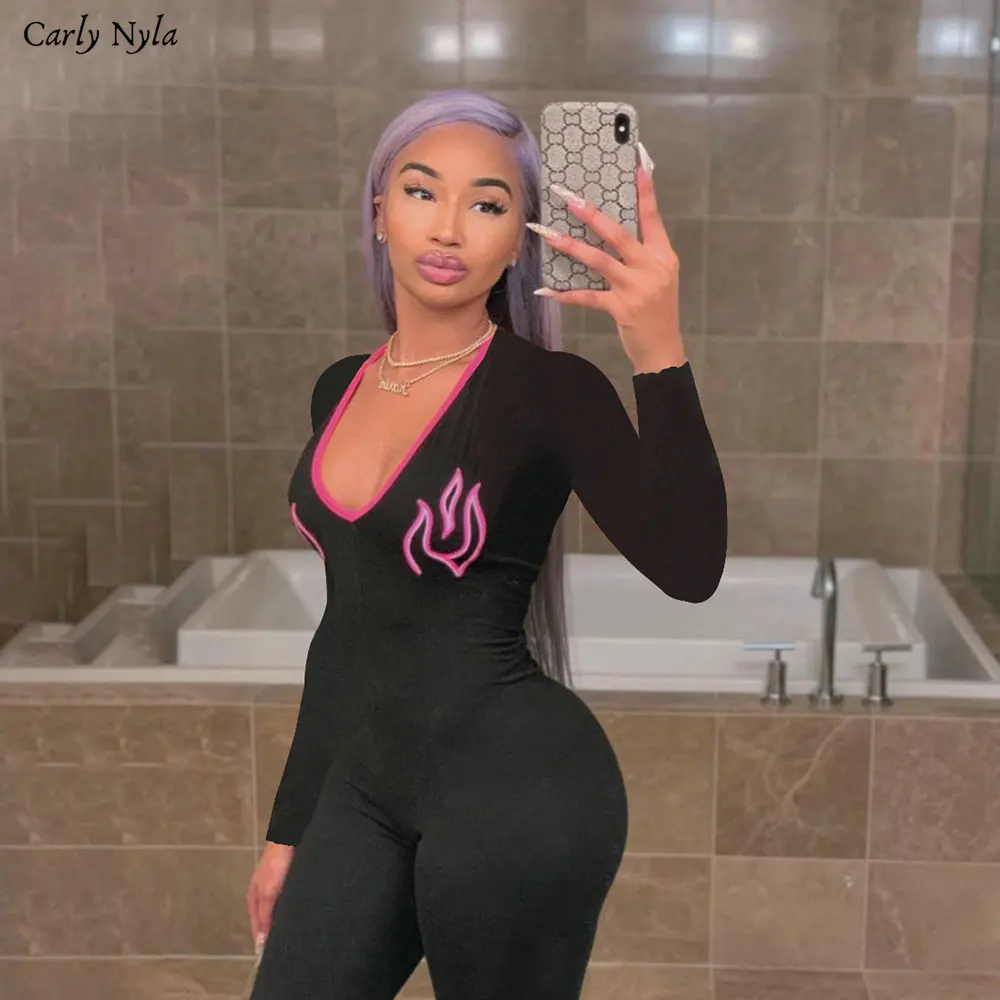 Carly Nyla осенний комбинезон с длинным рукавом и v-образным вырезом сексуальный комбинезон женский тонкий комбинезон короткий комбинезон эластичный обтягивающий комбинезон
