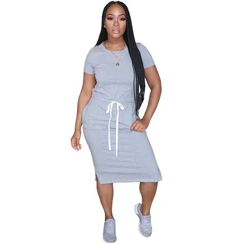 

Solid Casual Summer Dress Women Round Neck Short Sleeve Drawstring Waist Knee-length Dress Pockets Loungewear Everyday Dresses