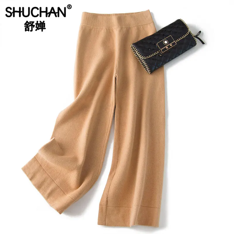 

Shuchan Knitted Pants Women Ankle-Length Pants Elastic Waist Solid Wide Leg Pants 2019 Winter Autumn New Item Warm Camel