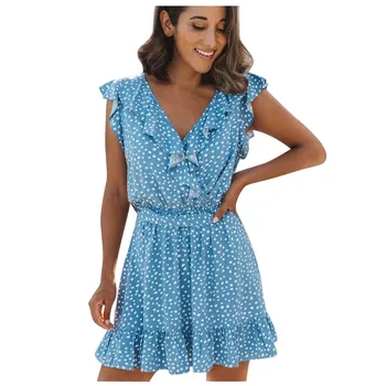 

party club dress for Women girls Sexy Dot Print V Neck Tie Up Boho Ruffle Beach Sleeveless Mini Dress платье женское casual blue
