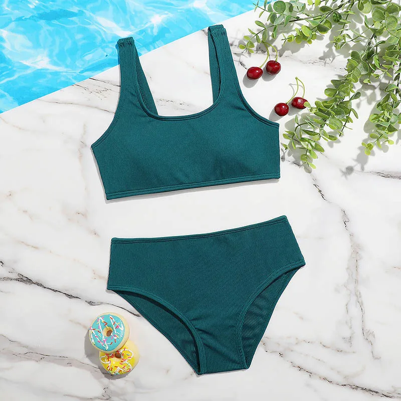 Solid Girl Swimsuit Kids Ribbed High Waist Bikini Set Two Piece Children's Swimwear Padded Girls Bathing Suit Beachwear Biquini