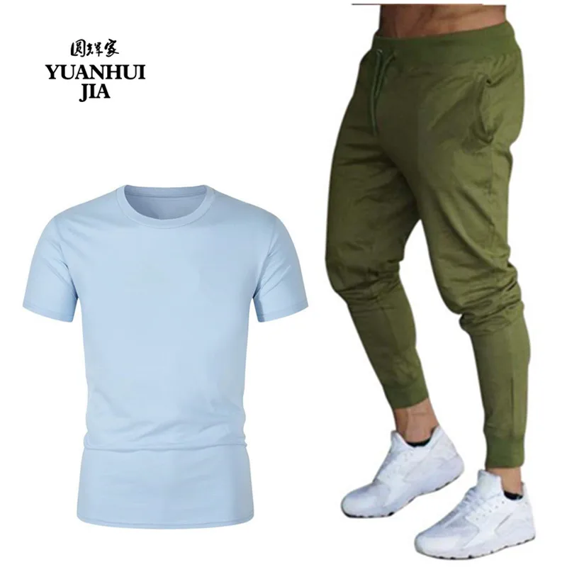 8 Летние тонкие мужские одноцветные брюки+ футболка с коротким рукавом, спортивные штаны для бега, повседневный фирменный костюм для бега, зеленые брюки - Цвет: 8