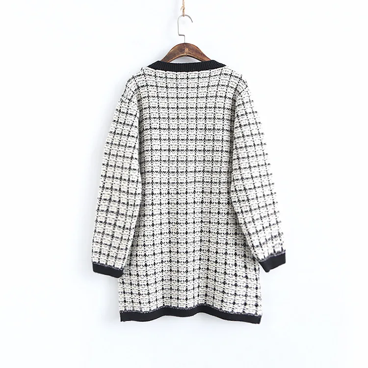 New Korean Style Pullover Sweaters For Women Plaid Autumn Winter Pockets Long Sleeve O-Neck Loose Long Sweaters