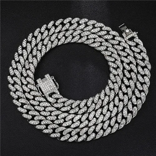 1Set Full Iced Out Paved Rhinestones 13MM Gold Silver Miami Curb Cuban Chain CZ Bling Rapper Necklaces For Men Hip Hop Jewelry - Окраска металла: Silver Necklace