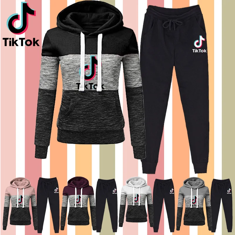 

2020 Women's Fashion Trend Three Color Matching Sweater Two-Piece Autumn And Winter Women's Clothing Hooded Sweater And Trousers