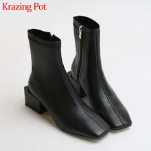 Krazing Pot/Классические однотонные ботинки из натуральной кожи с квадратным носком; повседневная обувь на высоком каблуке с боковой молнией; Модные женские зимние ботильоны; L26