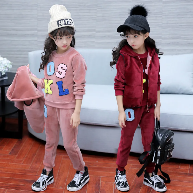 

2019 New Style Sweet CHILDREN'S Suit Girls Fall And Winter Clothes Big Boy Children Color Lettered Gold Velvet Three-piece Set F