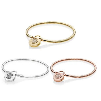 

Trendy Fit Original 925 Sterling Silver Moments Braclets Rose Gold Heart Lock Snake Chain For Women DIY Charm Bracelets