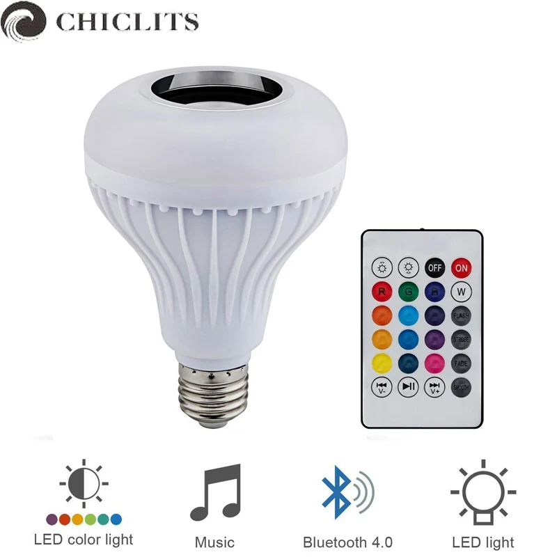 Chiclits Led Lamp Bluetooth RGBW Bulb 110V 220V Music Speaker Playing Dimmable 12W E27 LED Lamp Light with 24 Key Remote Control