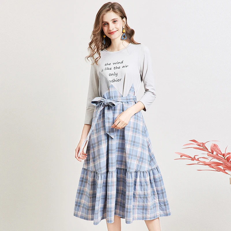 ARTKA Autumn New Women Dresses Irregular Plaid Stitching Dress With Belt Ruffled Casual Letter Print Dress Women LA15394Q