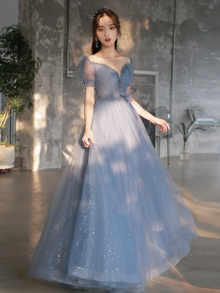 100% Real Gray Prom Dresses Stock Tulle Sparkle Glitters Cap Short Sleeves Sash Formal Party Evening Gowns Occasion Women Wear long sleeve prom dresses